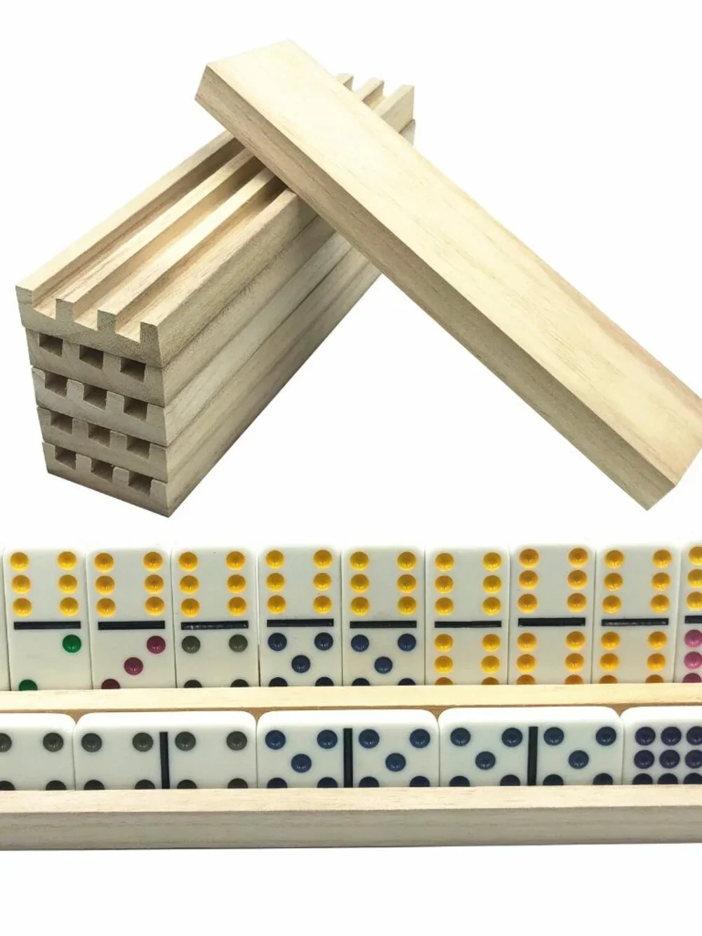 Yuanhe Domino Trays Holders Rack - Set of 4 Wooden Tiles Stand Holders Dimonos B